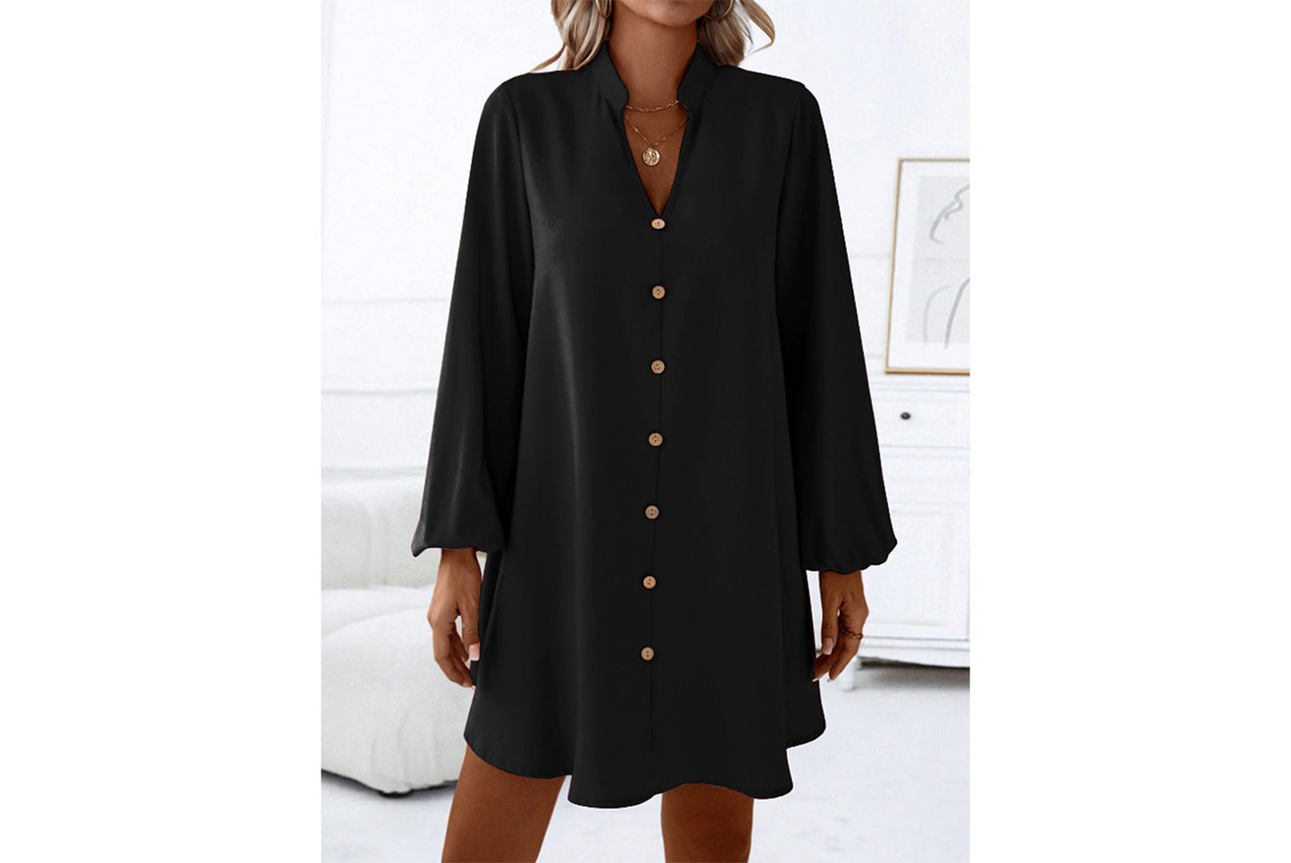 **Spring/Summer Long-Sleeved V-Neck Single-Breasted Loose-Fit Dress**
