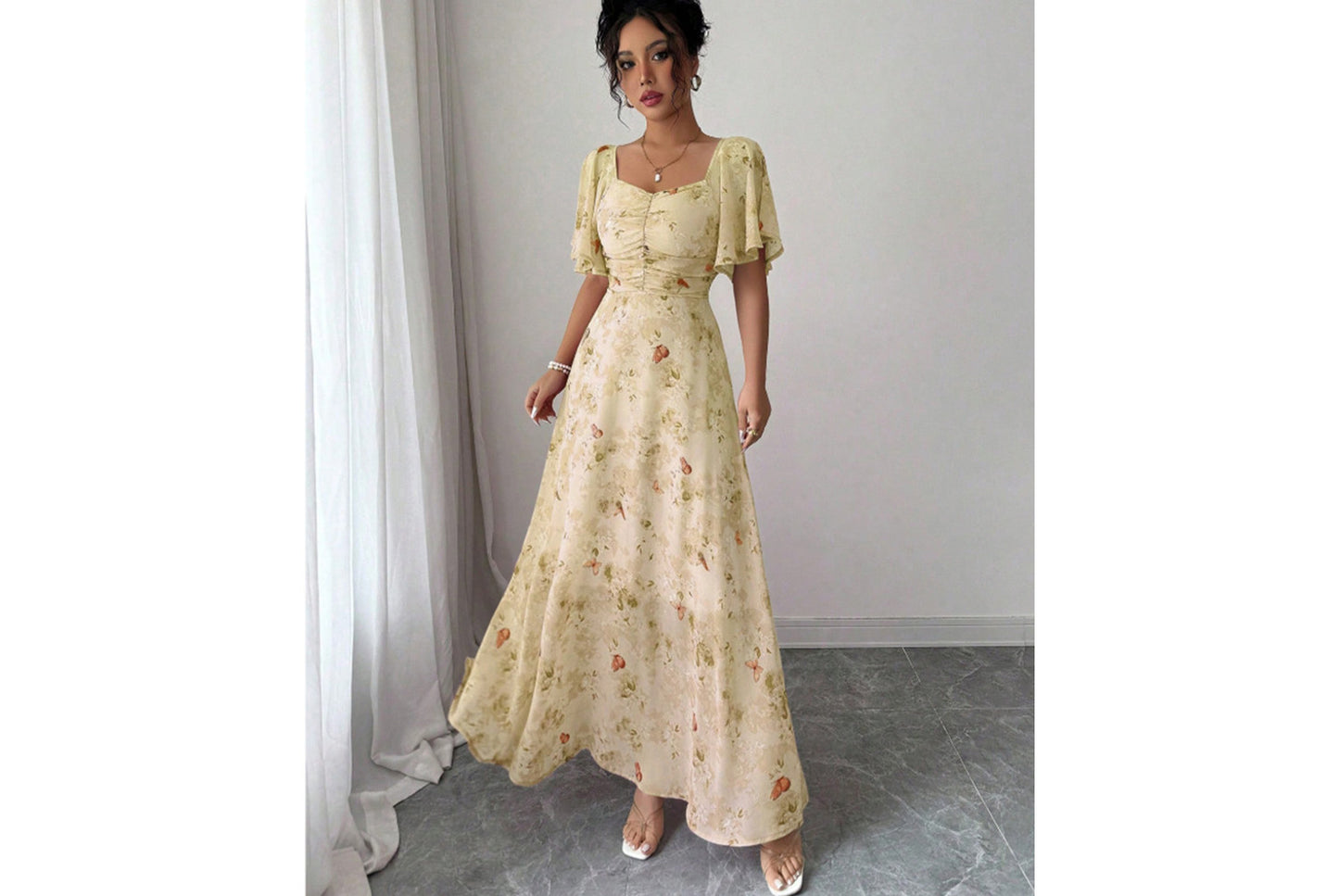 **Fashionable Square Neck Short-Sleeved Printed Chiffon Dress**