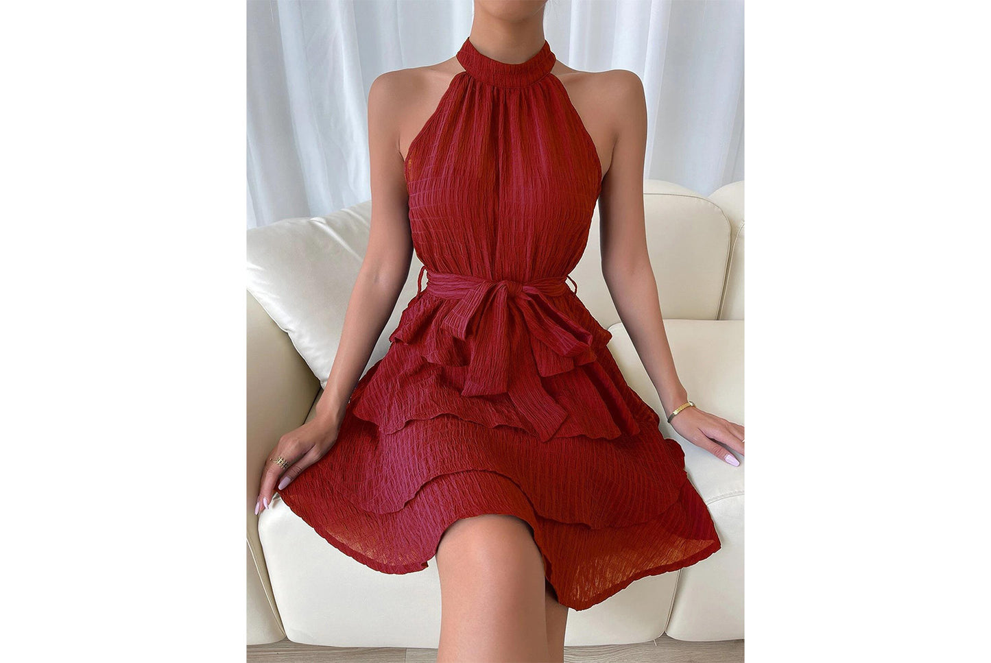 **Halter Neck Sleeveless Ruffled Dress**