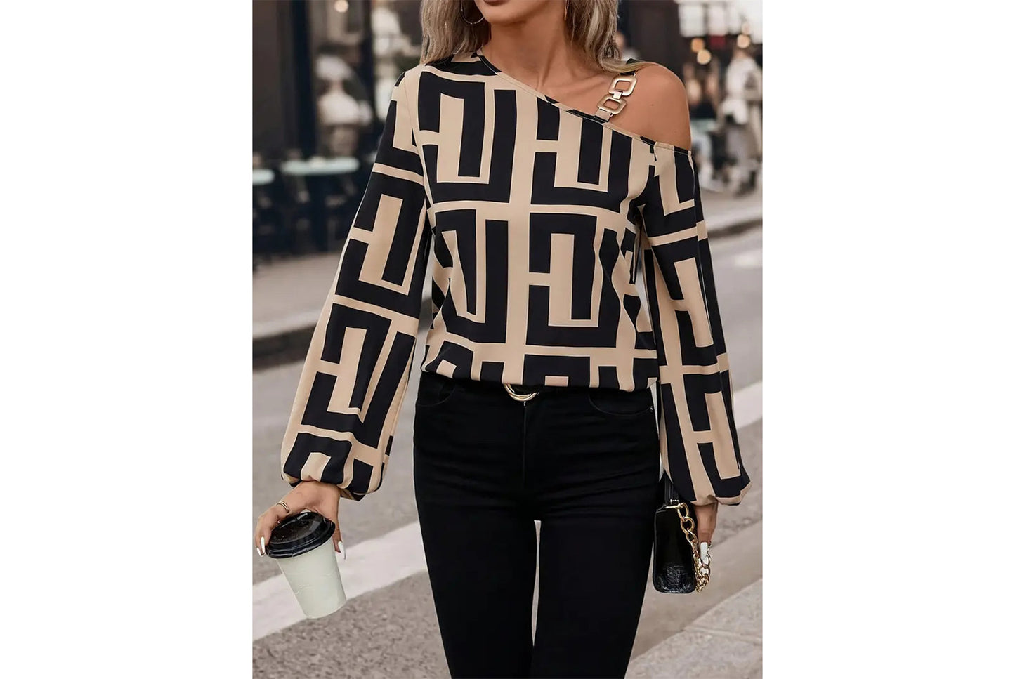 **Geometric Print Versatile Long-Sleeved, One-Neck Pullover Top**