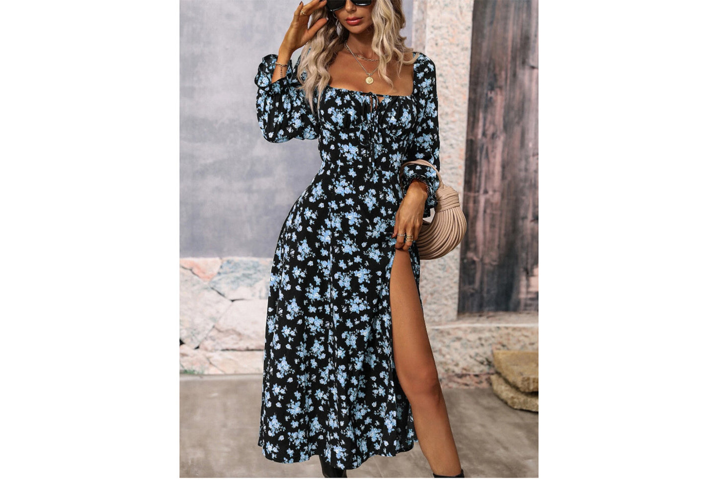 **Fashionable Printed Long-Sleeved Slit Dress for Women**