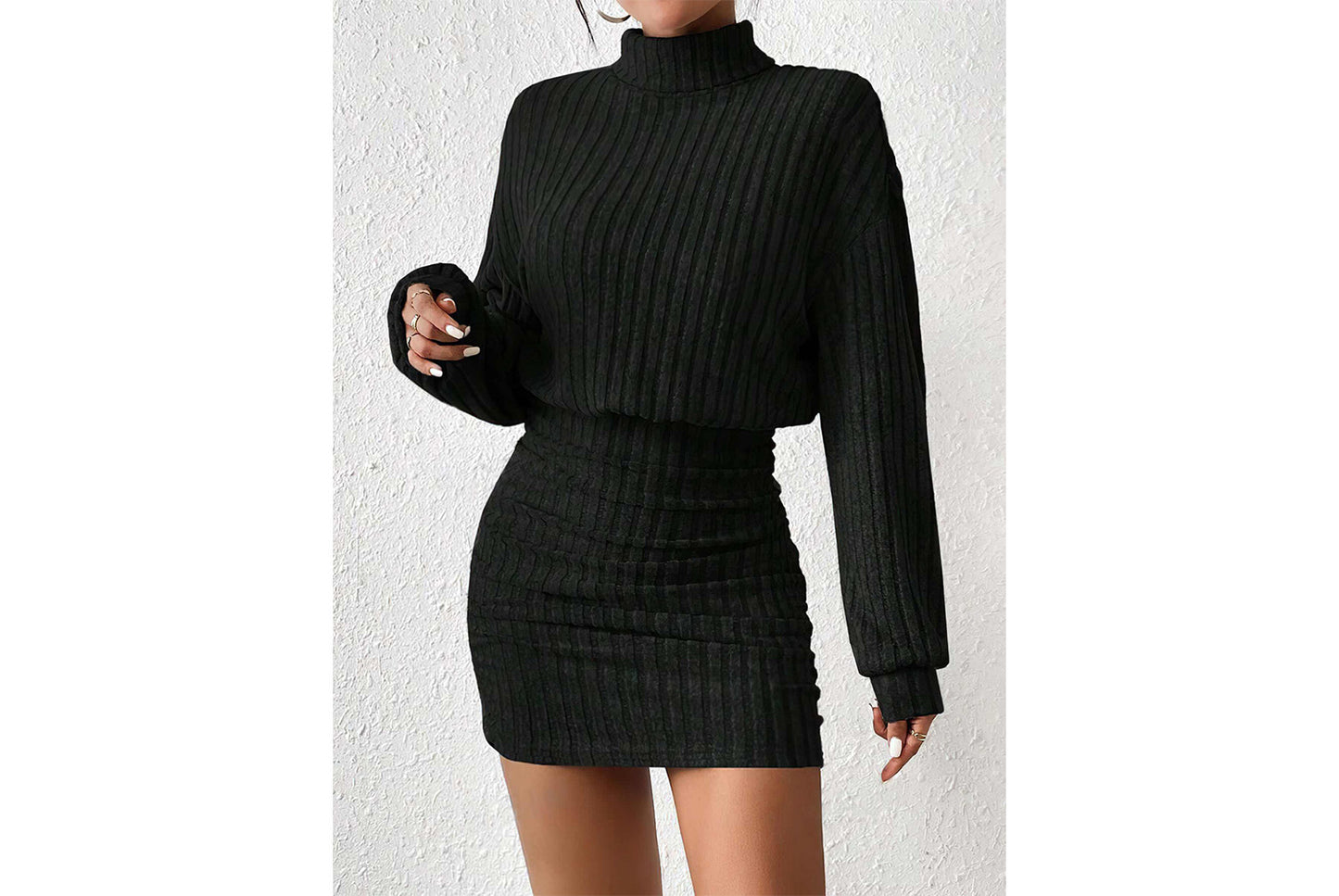 **Fashionable Ribbed Turtleneck Hip-Wrap Long-Sleeve Dress**