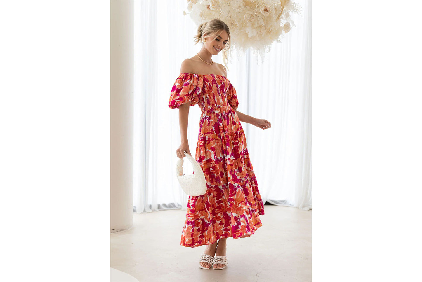 **Lantern Sleeve High-Waisted, One-Way Neck Print Dress**
