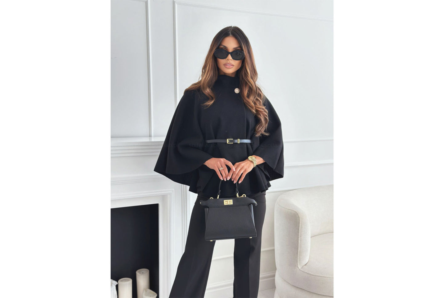 **Solid Color Woolen Cape Jacket with Waist Tie**