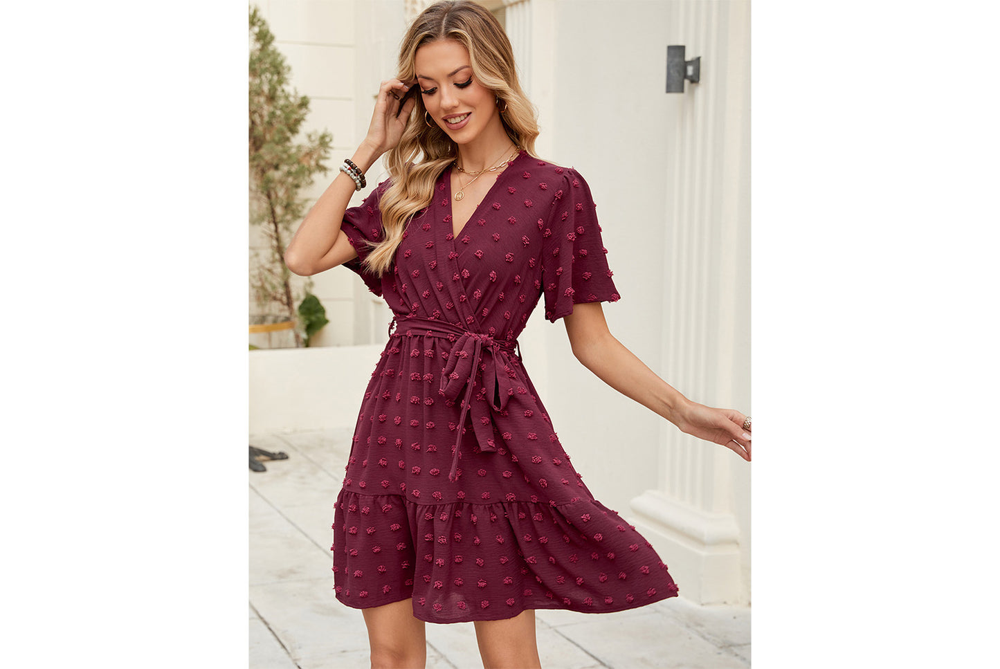 **Pompom Jacquard Ruffle Sleeve V-Neck Waist-Lining Tie-Drawstring Dress**