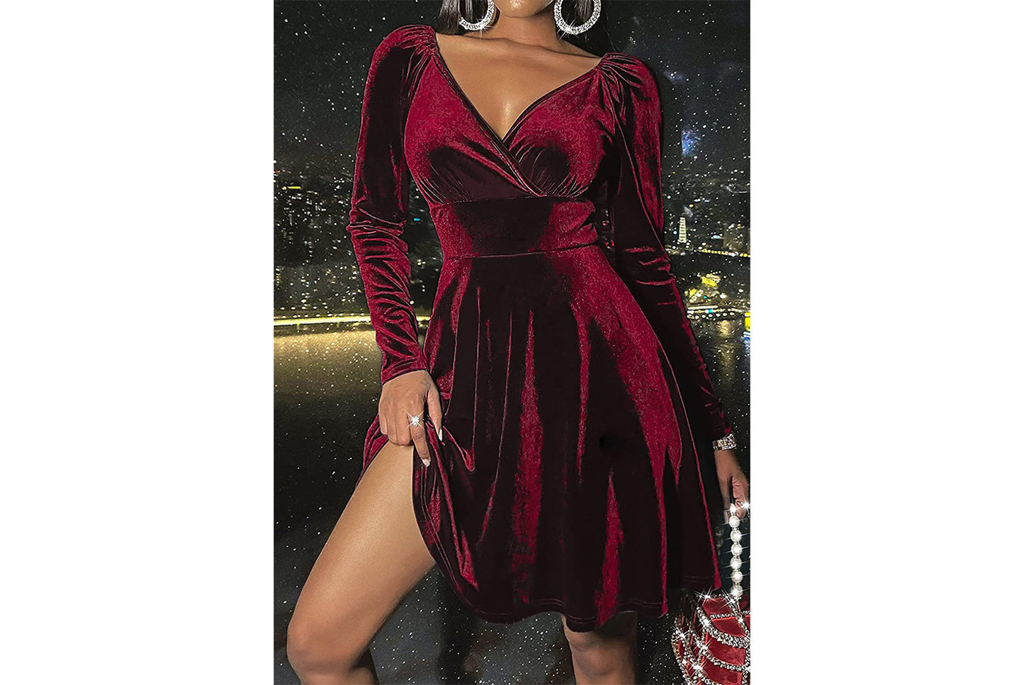 **Festive Christmas Long-Sleeved V-Neck Dress**