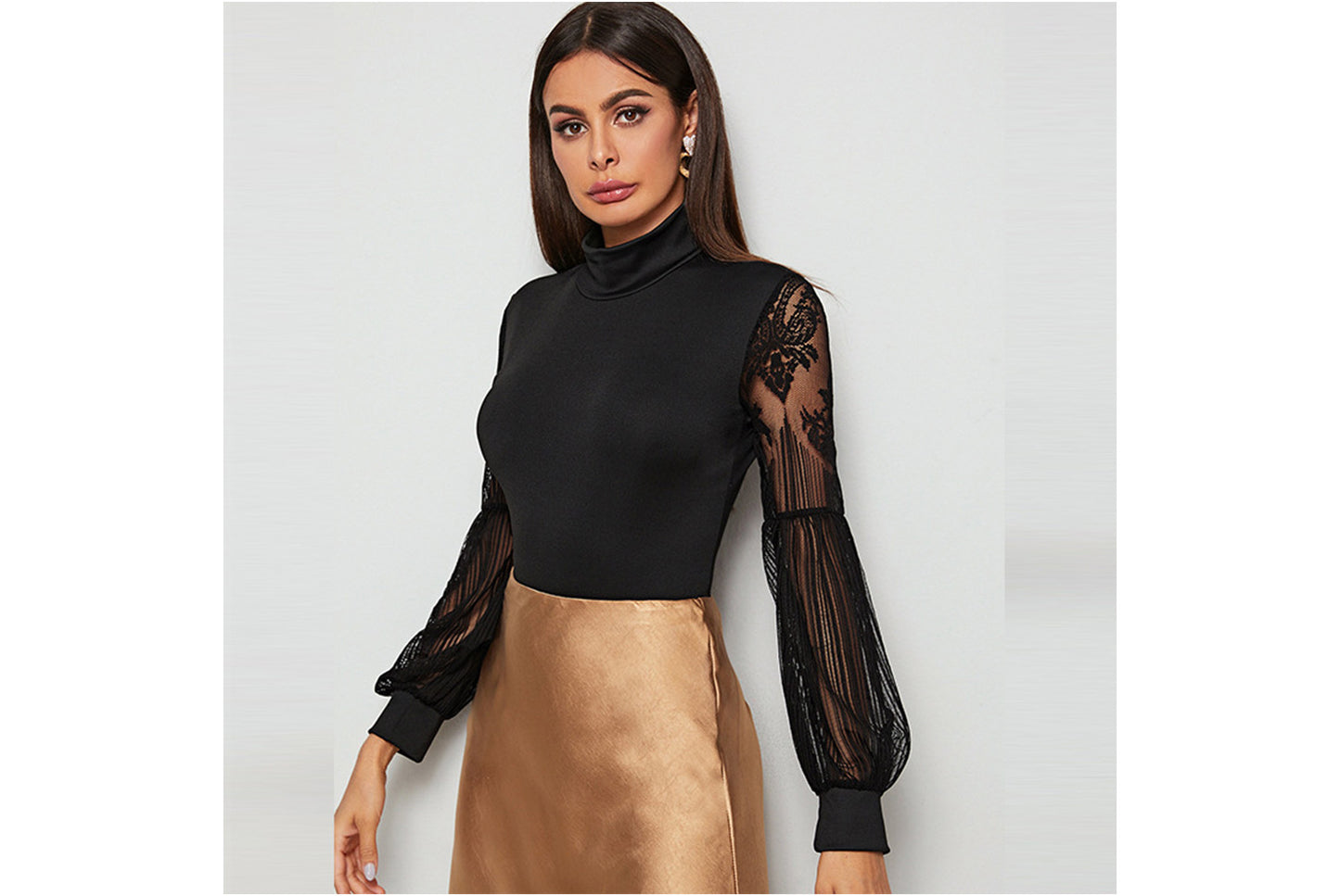 Lace Panel Slim Fit Fashion Long Sleeve Bodysuit for Women
