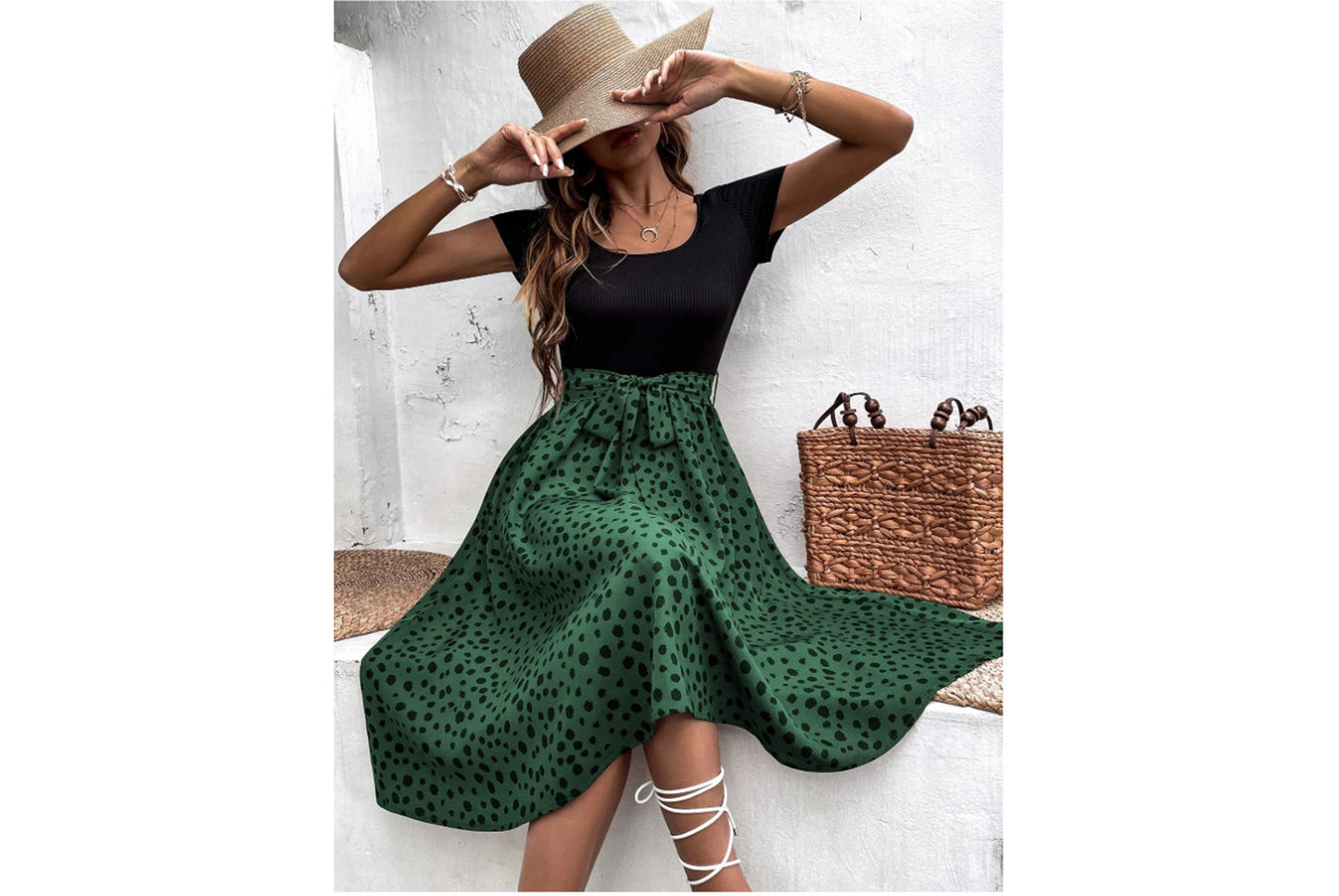 **Patchwork Round Neck Polka Dot Short Sleeve Dress**
