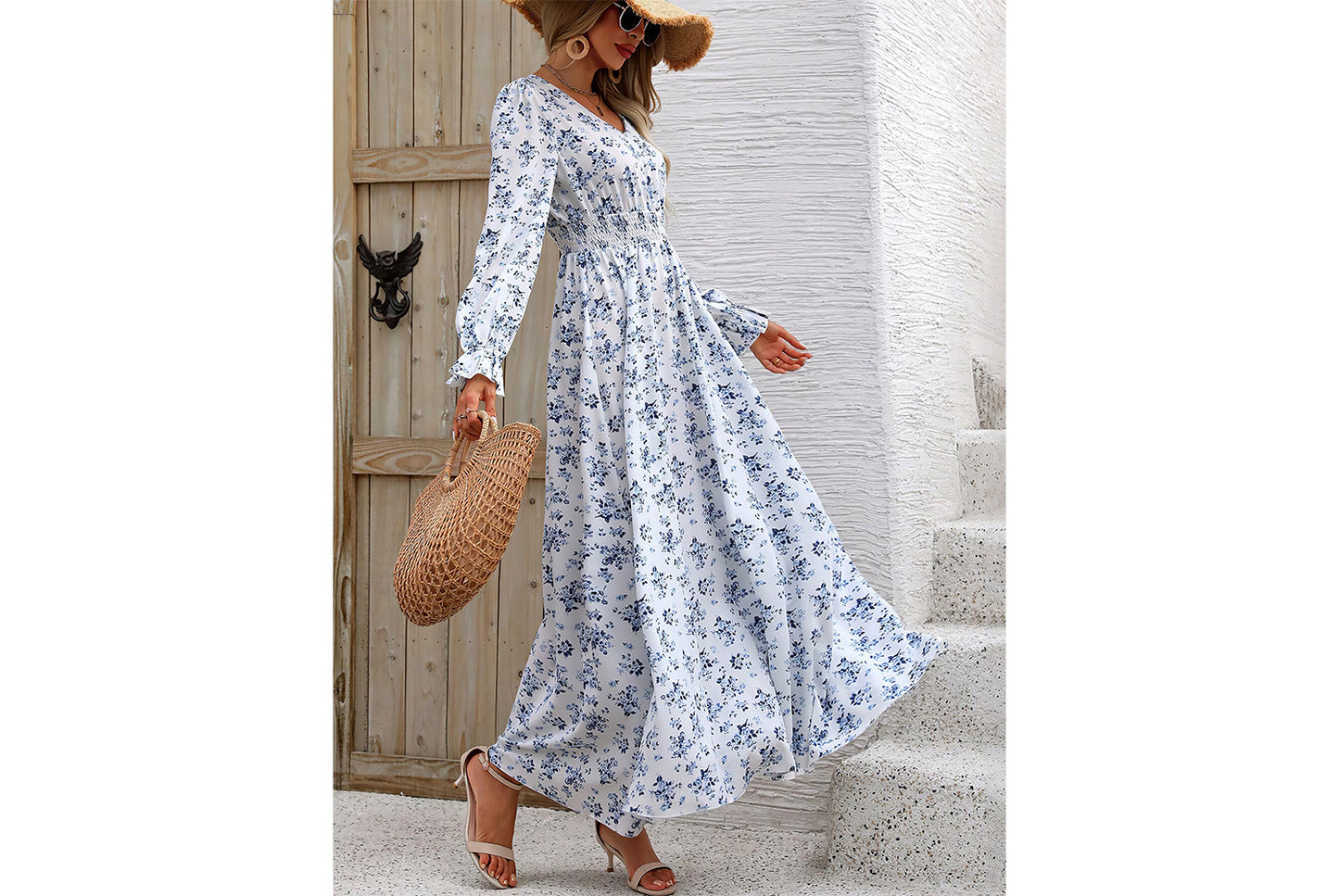 **Printed Maxi V-Neck Long-Sleeved Swing Dress**