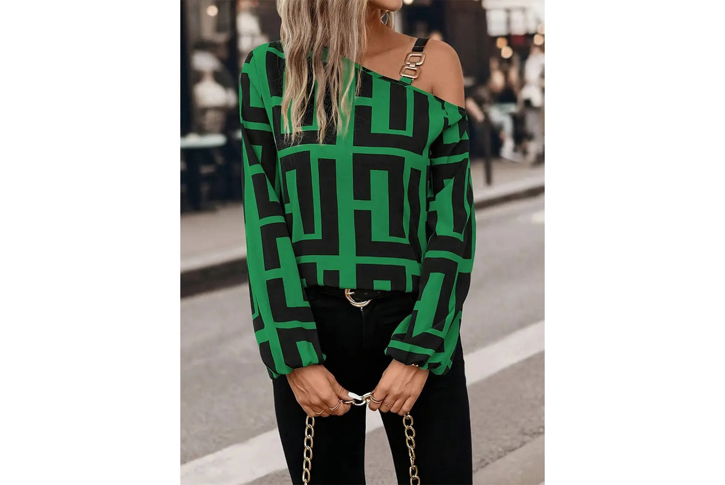 **Geometric Print Versatile Long-Sleeved, One-Neck Pullover Top**