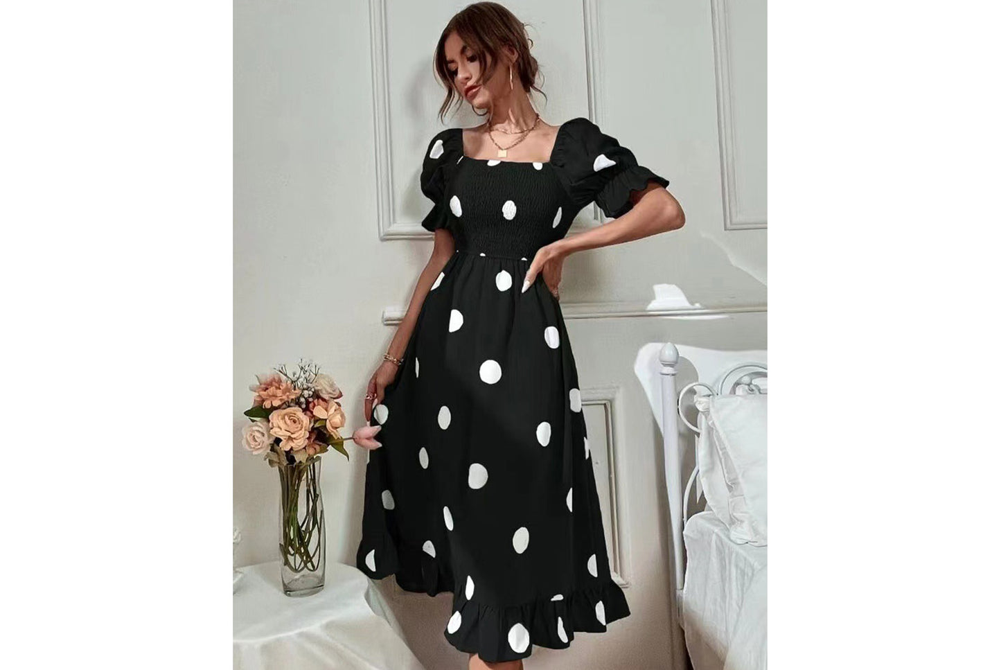 **Ruffled Fitted Short-Sleeve Dress**