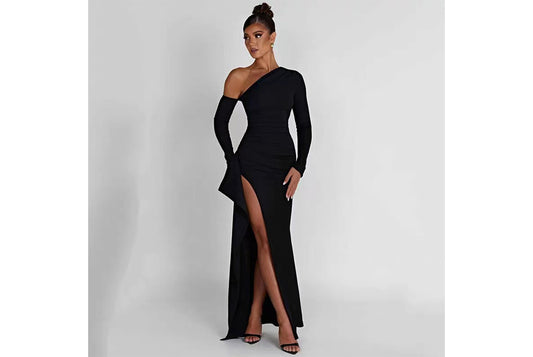 **Elegant Offset Neck, One-Sleeve, Slit Dress**