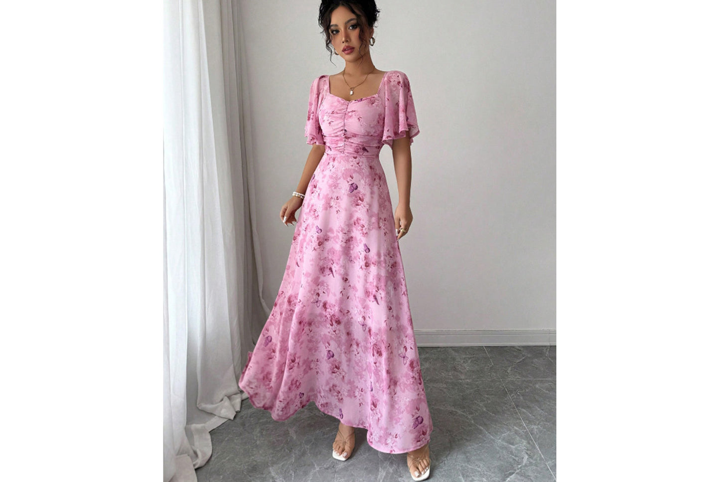 **Fashionable Square Neck Short-Sleeved Printed Chiffon Dress**