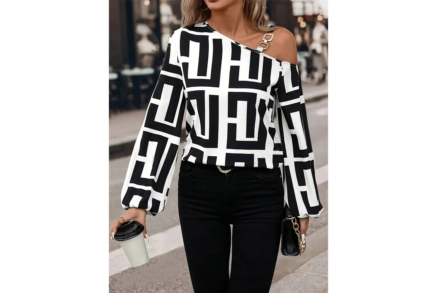 **Geometric Print Versatile Long-Sleeved, One-Neck Pullover Top**