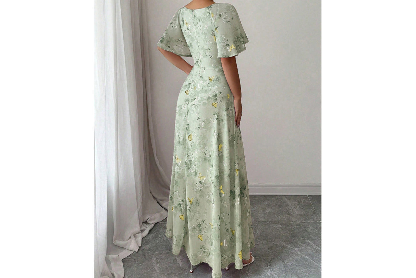 **Fashionable Square Neck Short-Sleeved Printed Chiffon Dress**