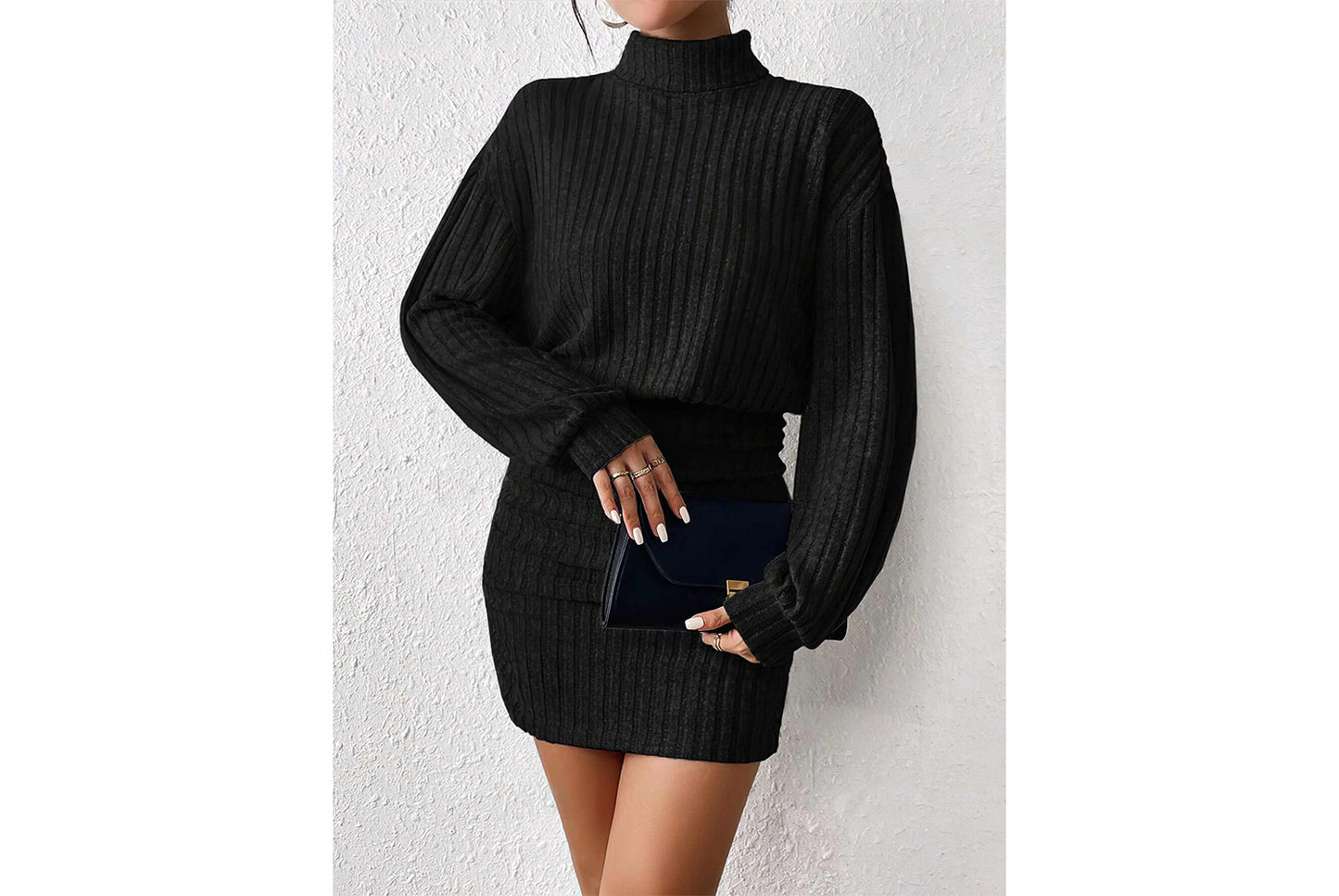 **Fashionable Ribbed Turtleneck Hip-Wrap Long-Sleeve Dress**