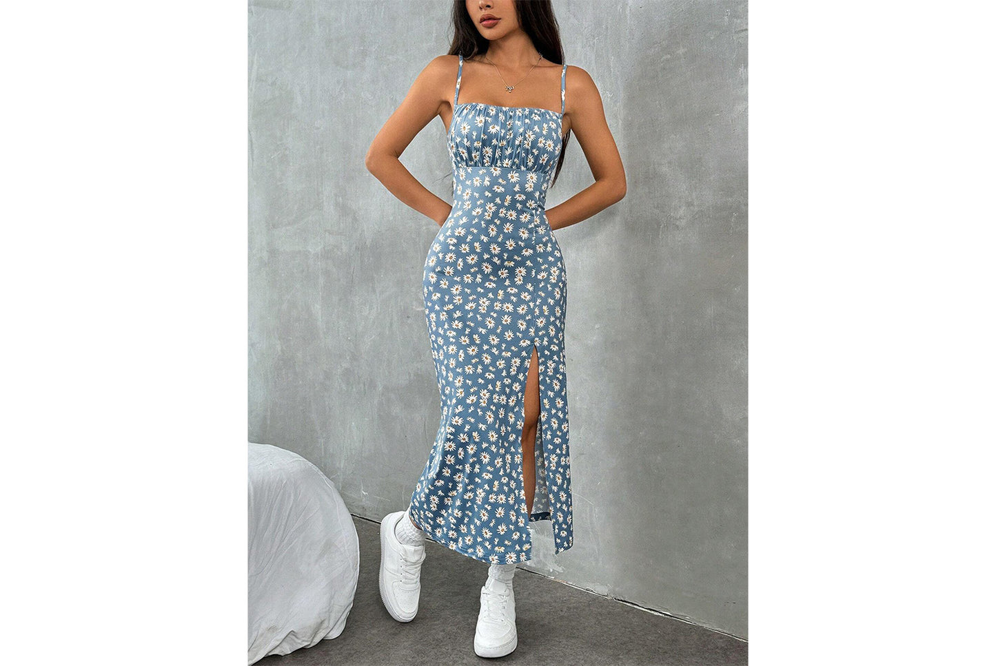 **High-Slit Daisy Print Dress**