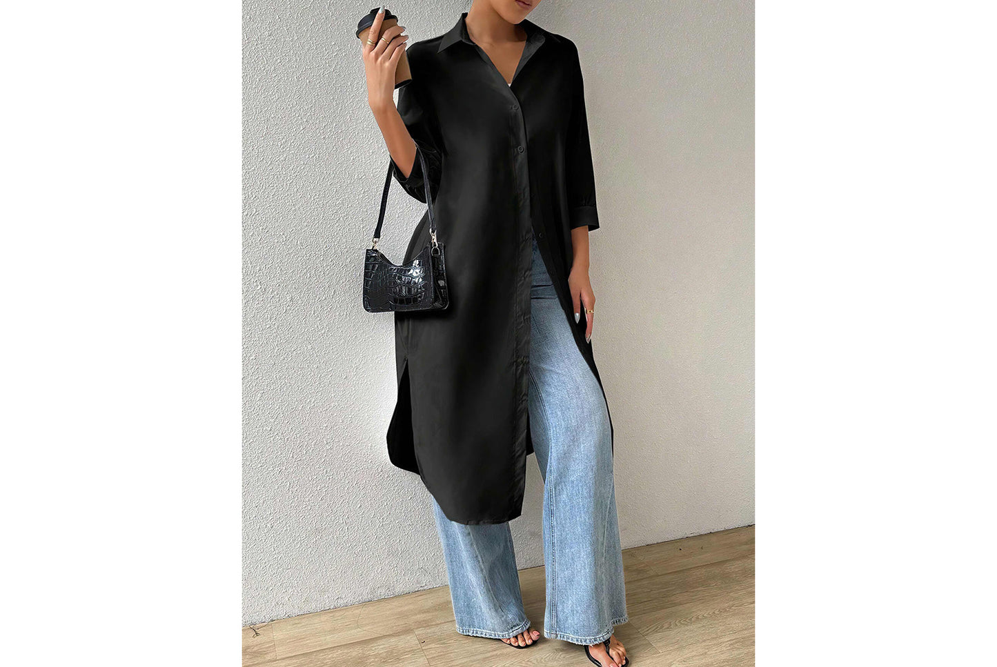 **Versatile Long Solid Color Cardigan Shirt with Mid-Sleeves**