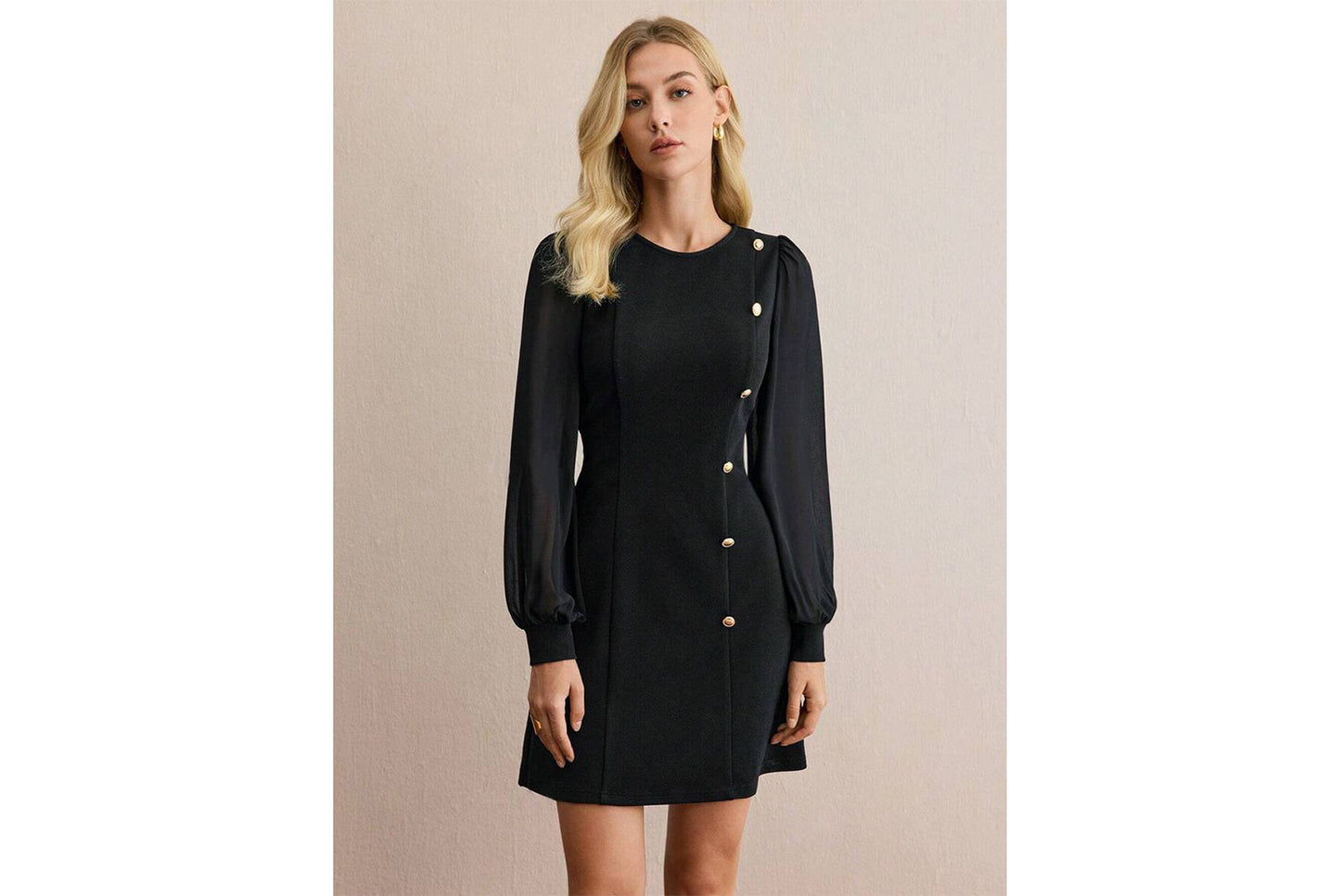**Button-studded Slim Fit Long-Sleeve Solid Color Dress**