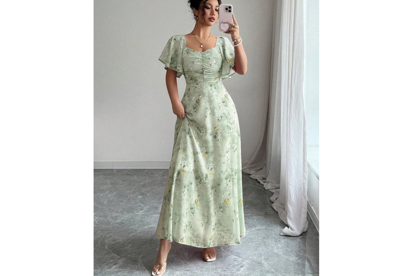 **Fashionable Square Neck Short-Sleeved Printed Chiffon Dress**