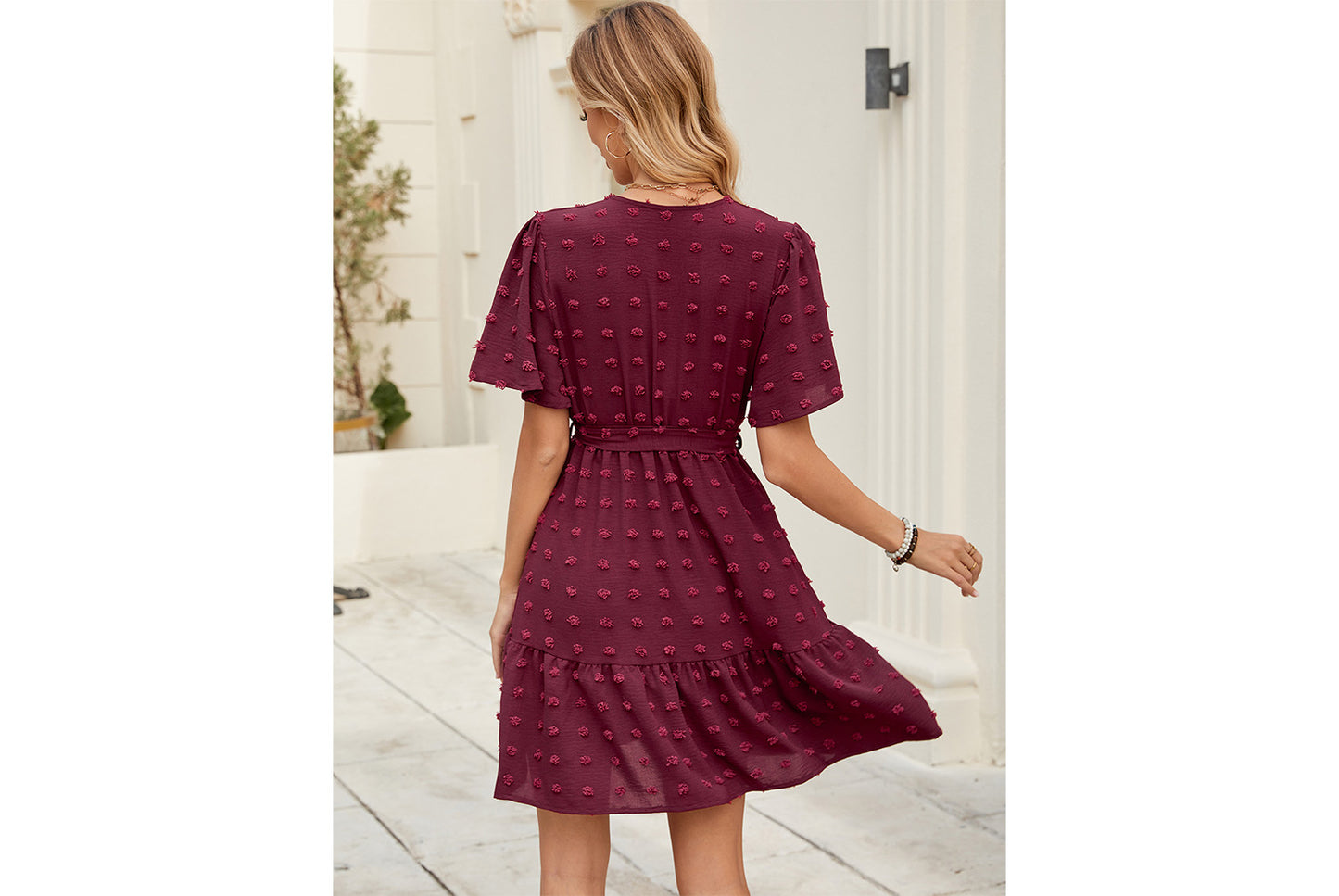 **Pompom Jacquard Ruffle Sleeve V-Neck Waist-Lining Tie-Drawstring Dress**