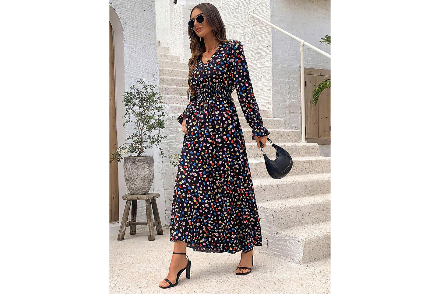 **Printed Maxi V-Neck Long-Sleeved Swing Dress**