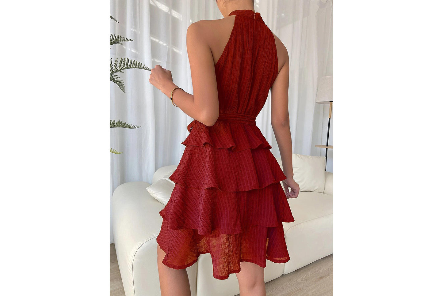 **Halter Neck Sleeveless Ruffled Dress**
