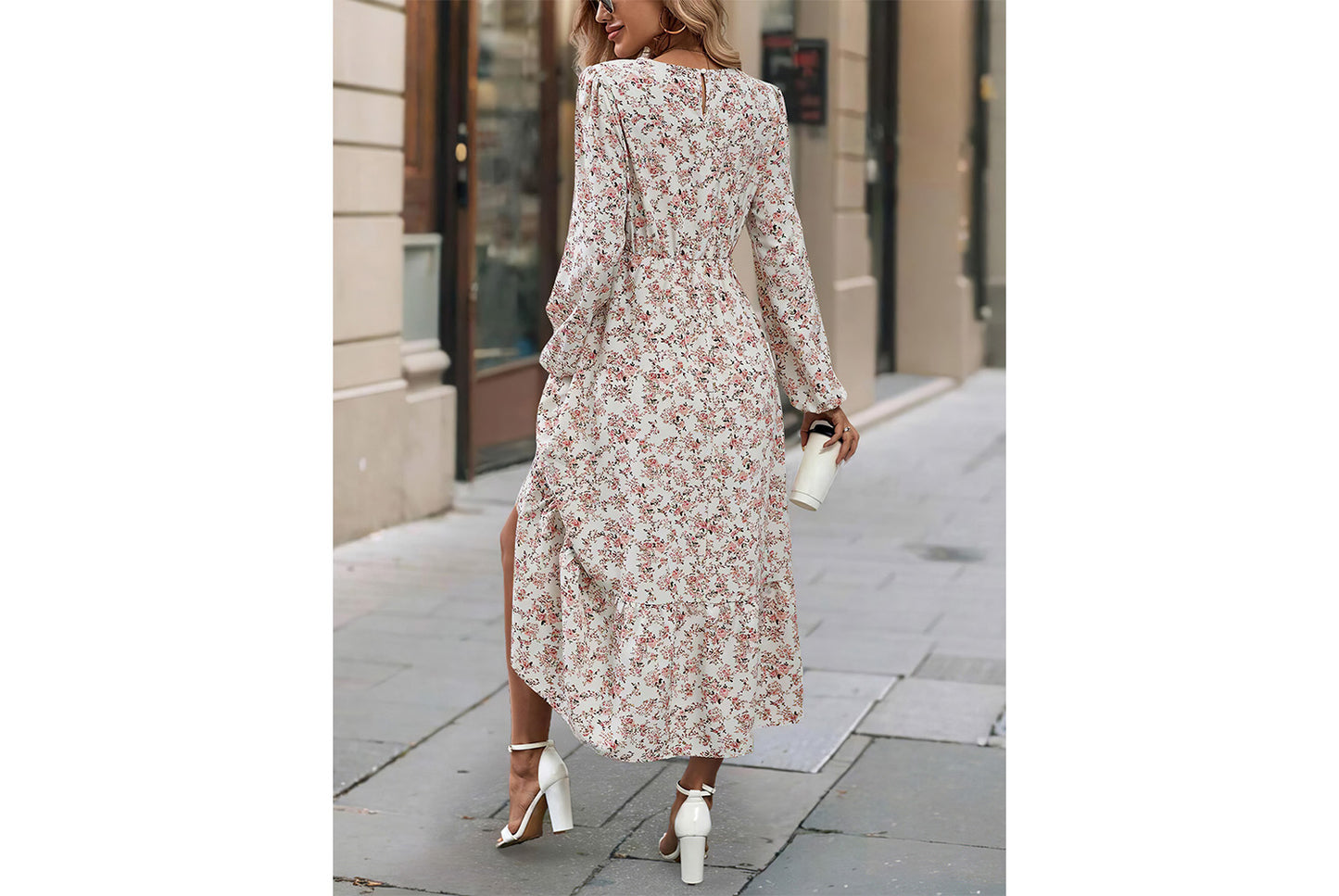 **Printed Round Neck Long-Sleeved Ruffle Dress**