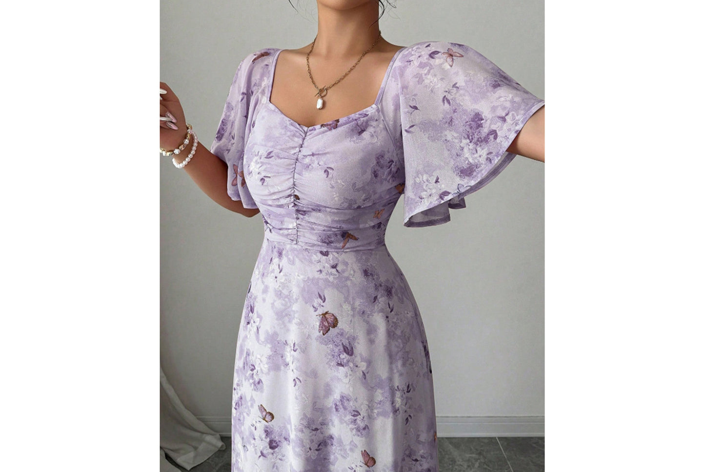 **Fashionable Square Neck Short-Sleeved Printed Chiffon Dress**