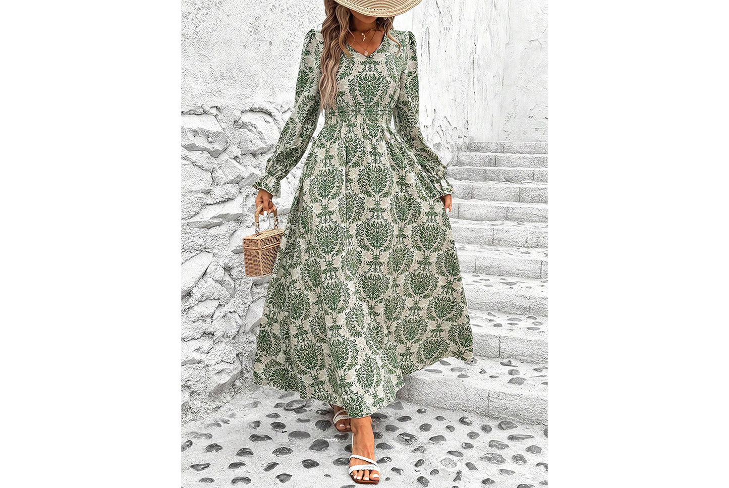 **Printed Maxi V-Neck Long-Sleeved Swing Dress**