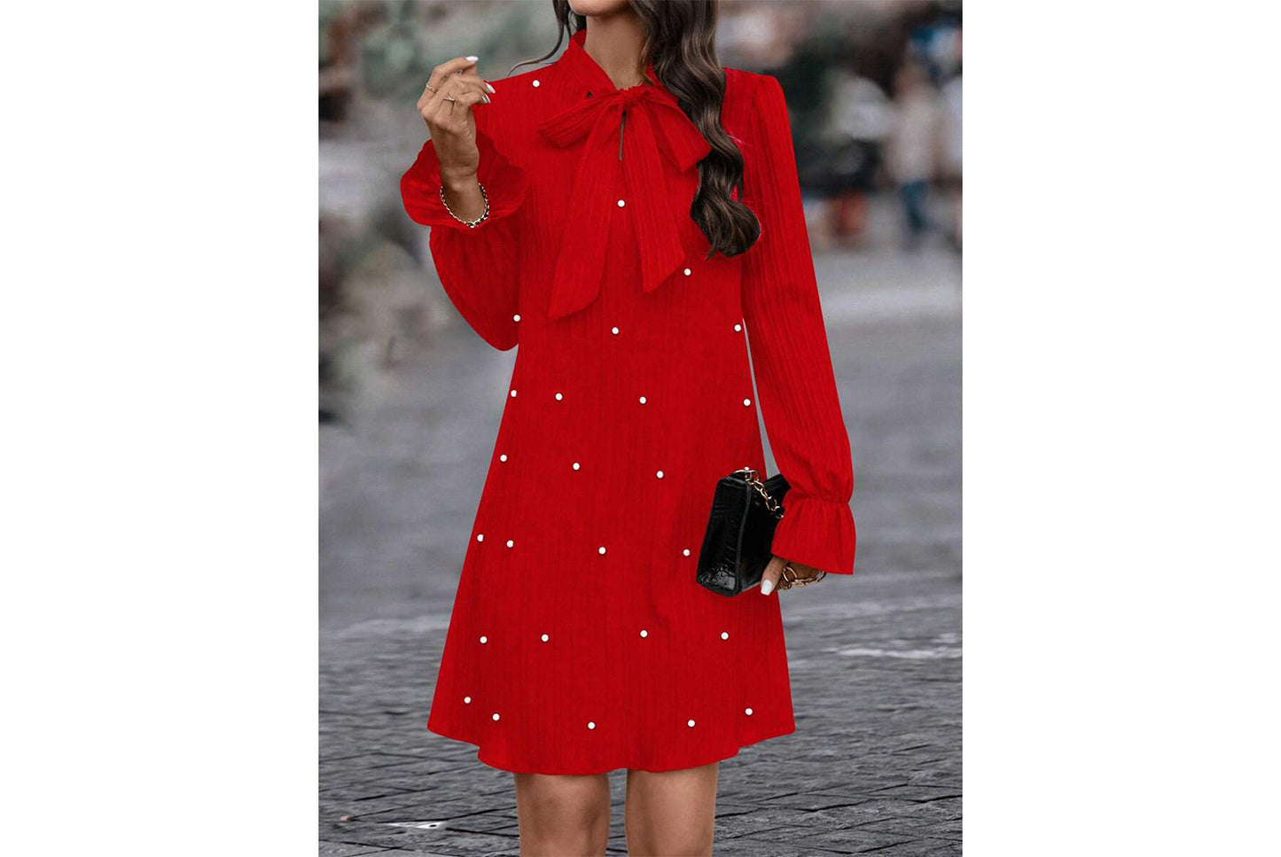 **Beaded Long-Sleeve Solid Color Loose-Fit Dress**
