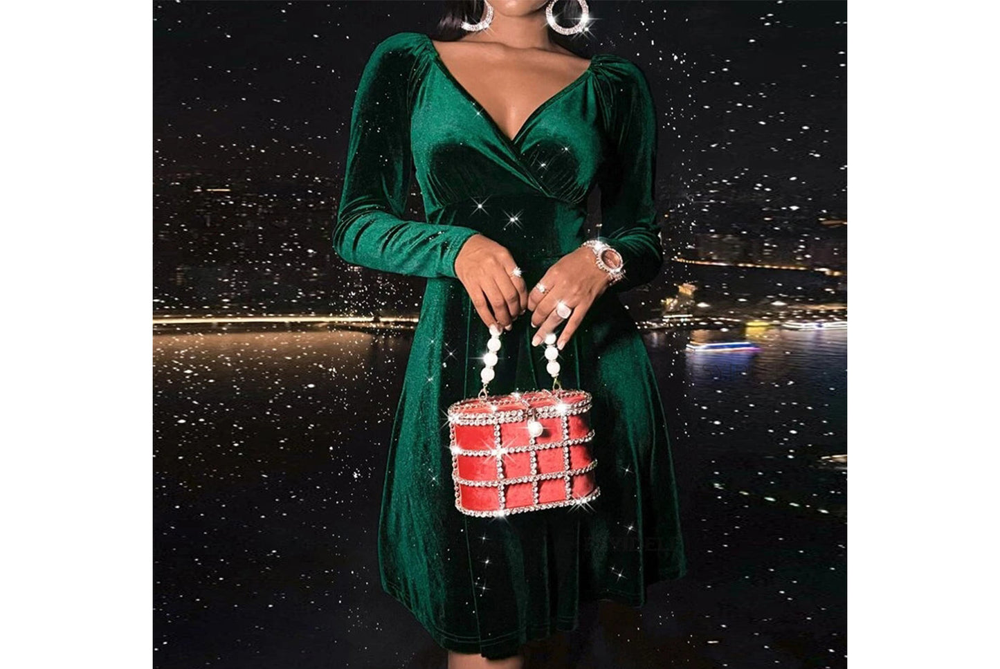**Festive Christmas Long-Sleeved V-Neck Dress**