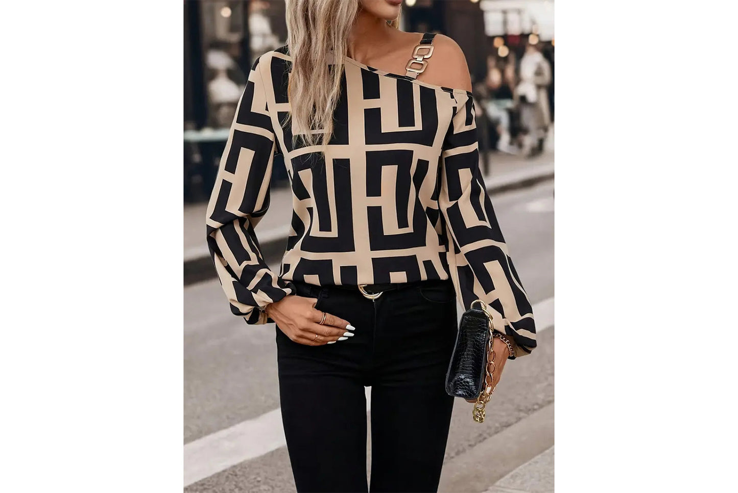 **Geometric Print Versatile Long-Sleeved, One-Neck Pullover Top**