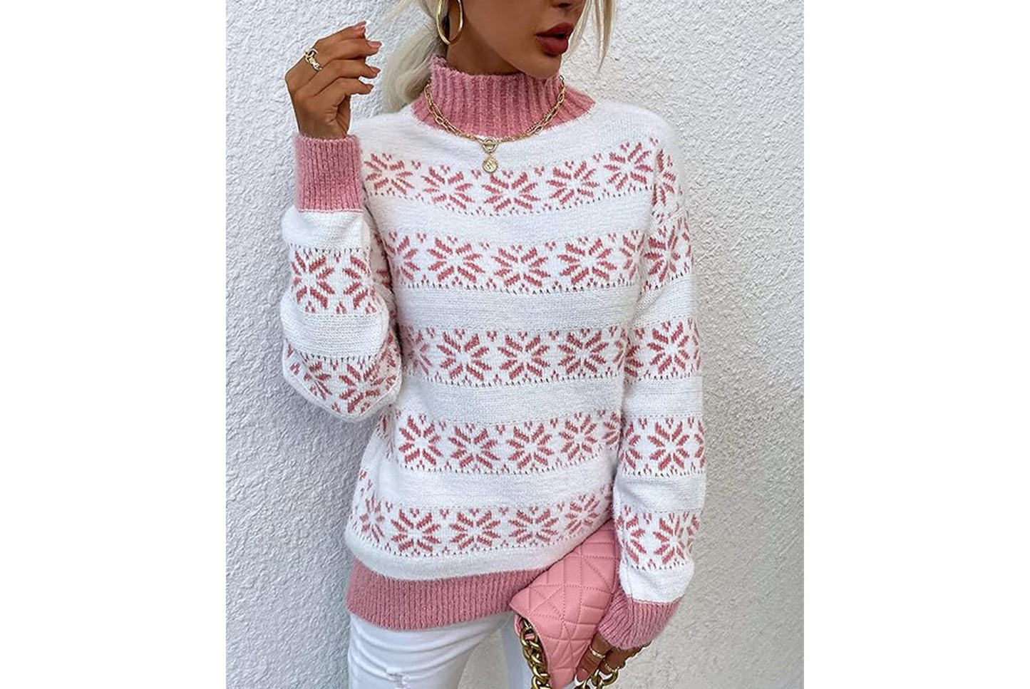**Snowflake Pattern Half-Turtleneck Sweater Top**