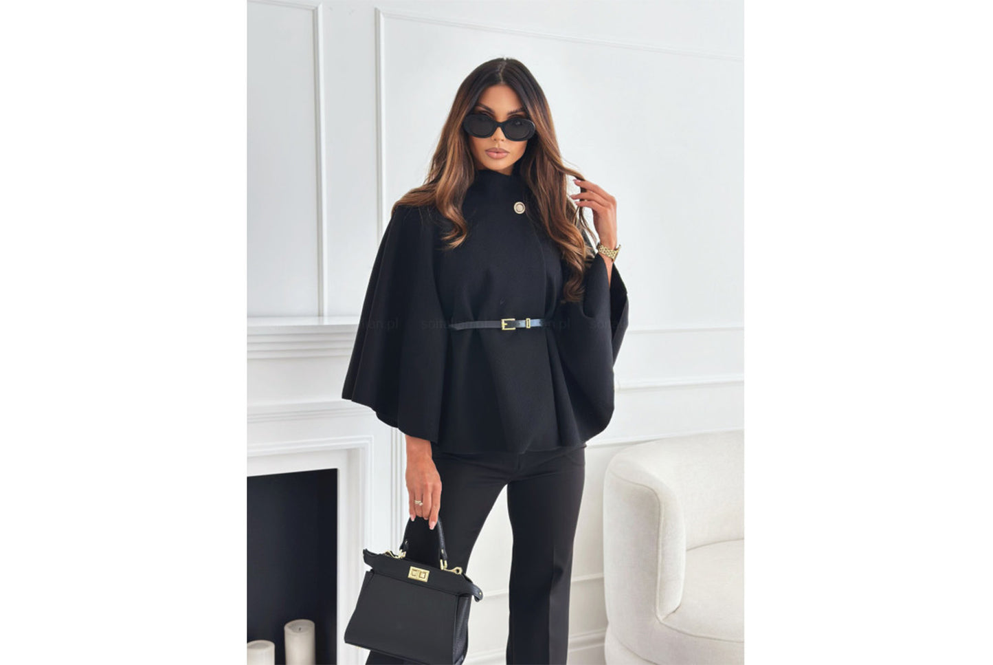 **Solid Color Woolen Cape Jacket with Waist Tie**