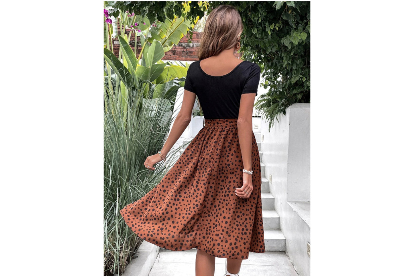 **Patchwork Round Neck Polka Dot Short Sleeve Dress**