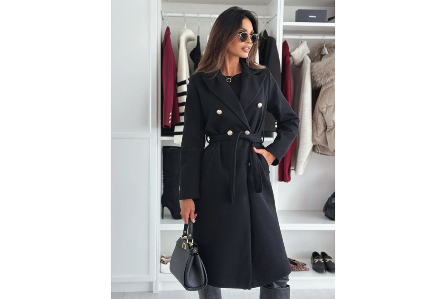 **Stylish Solid Color Double-Breasted Tie-Drawstring Wool Coat**