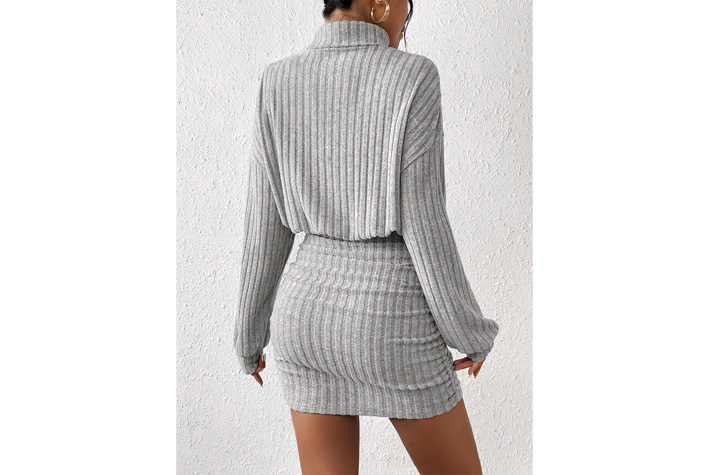**Fashionable Ribbed Turtleneck Hip-Wrap Long-Sleeve Dress**