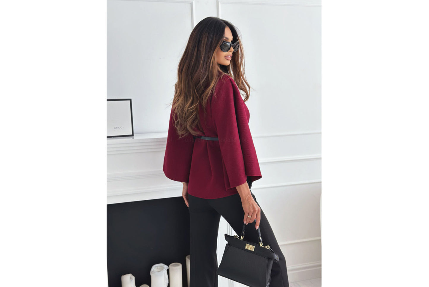 **Solid Color Woolen Cape Jacket with Waist Tie**