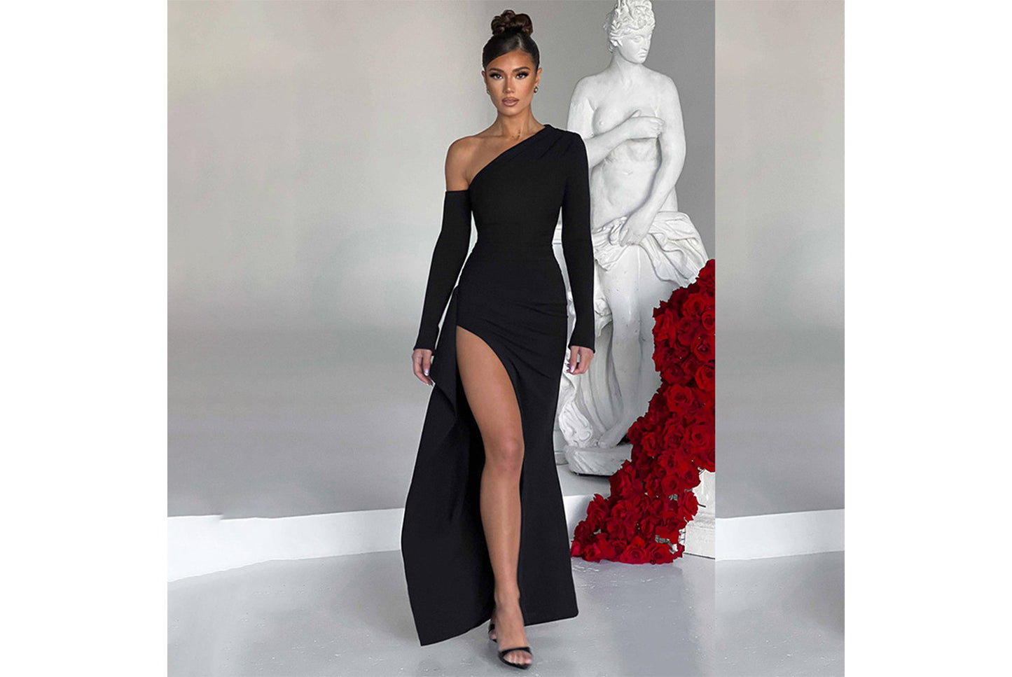 **Elegant Offset Neck, One-Sleeve, Slit Dress**