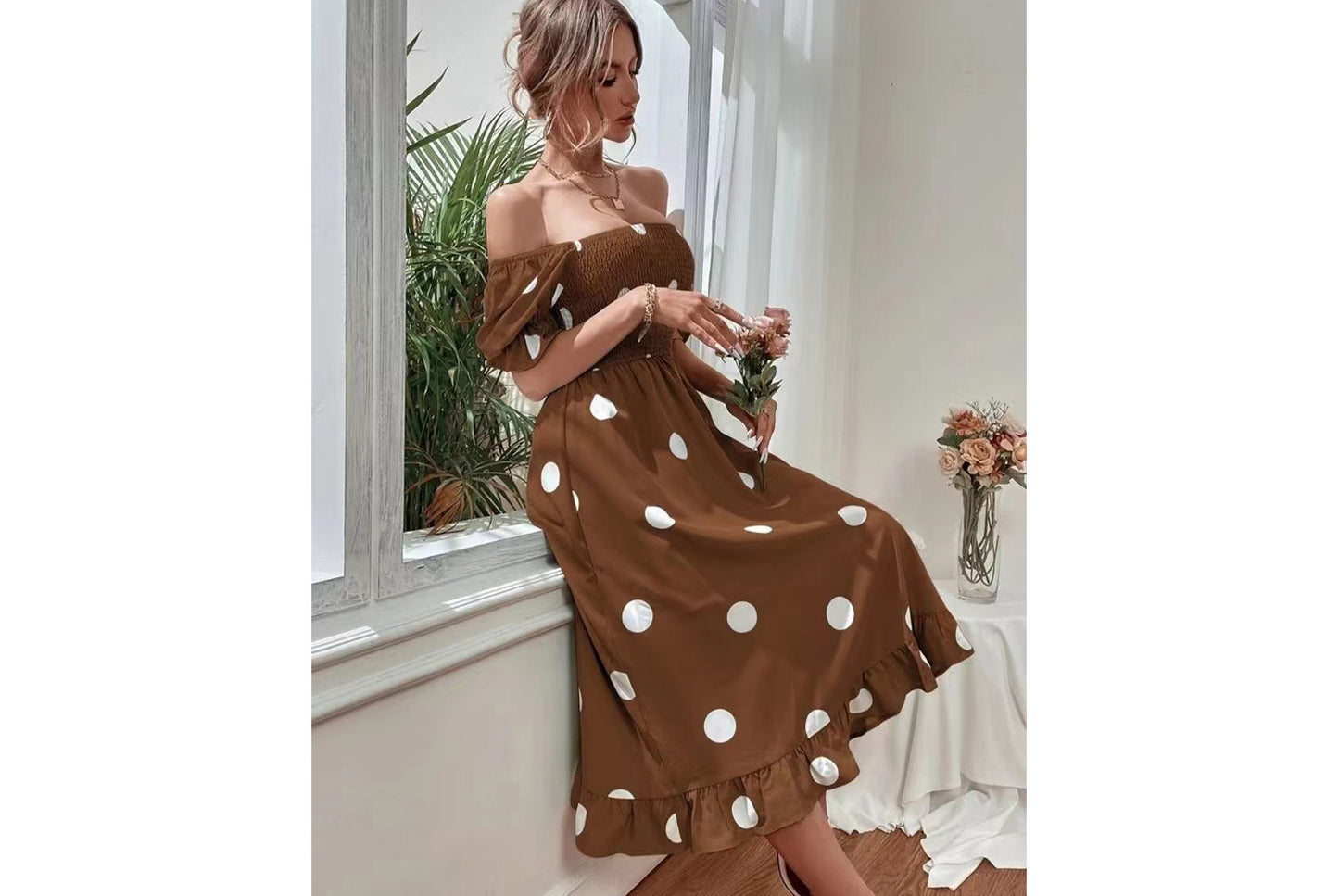**Ruffled Fitted Short-Sleeve Dress**