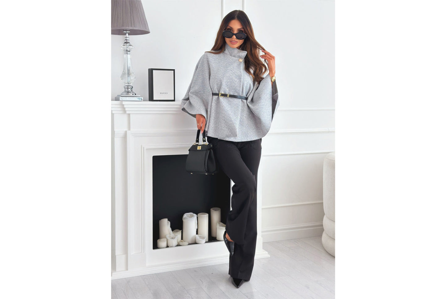 **Solid Color Woolen Cape Jacket with Waist Tie**