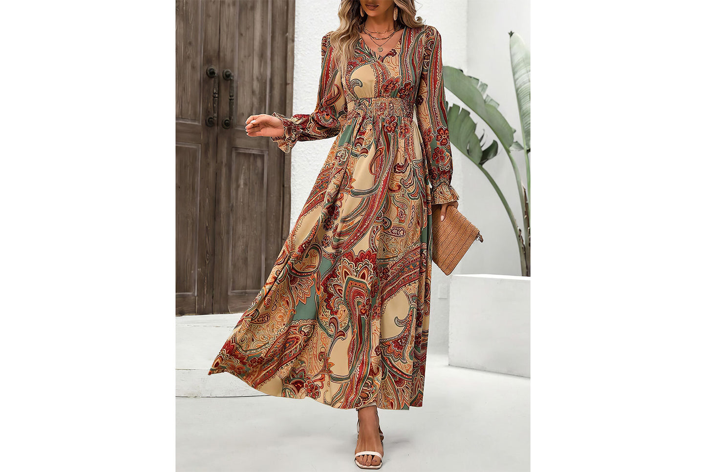 **Printed Maxi V-Neck Long-Sleeved Swing Dress**