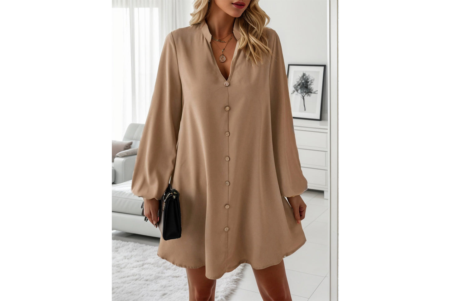 **Spring/Summer Long-Sleeved V-Neck Single-Breasted Loose-Fit Dress**