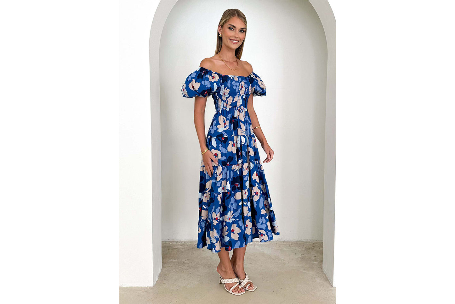 **Lantern Sleeve High-Waisted, One-Way Neck Print Dress**