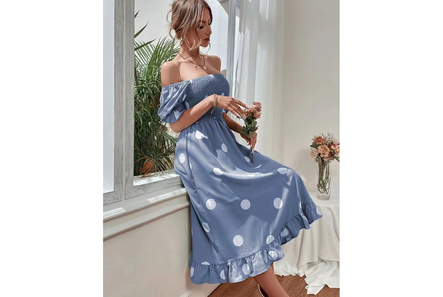 **Ruffled Fitted Short-Sleeve Dress**