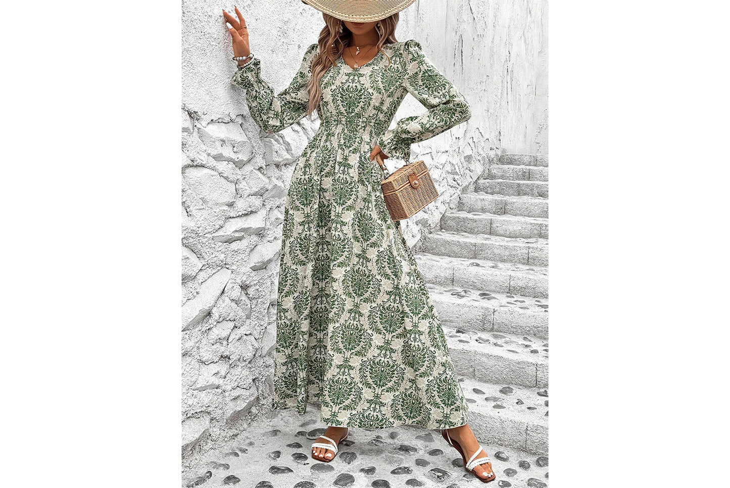 **Printed Maxi V-Neck Long-Sleeved Swing Dress**