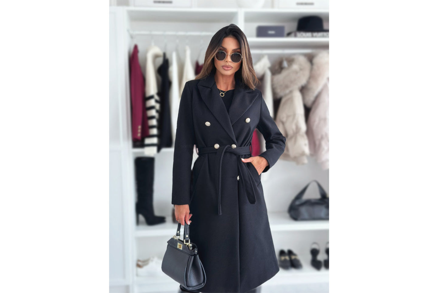 **Stylish Solid Color Double-Breasted Tie-Drawstring Wool Coat**