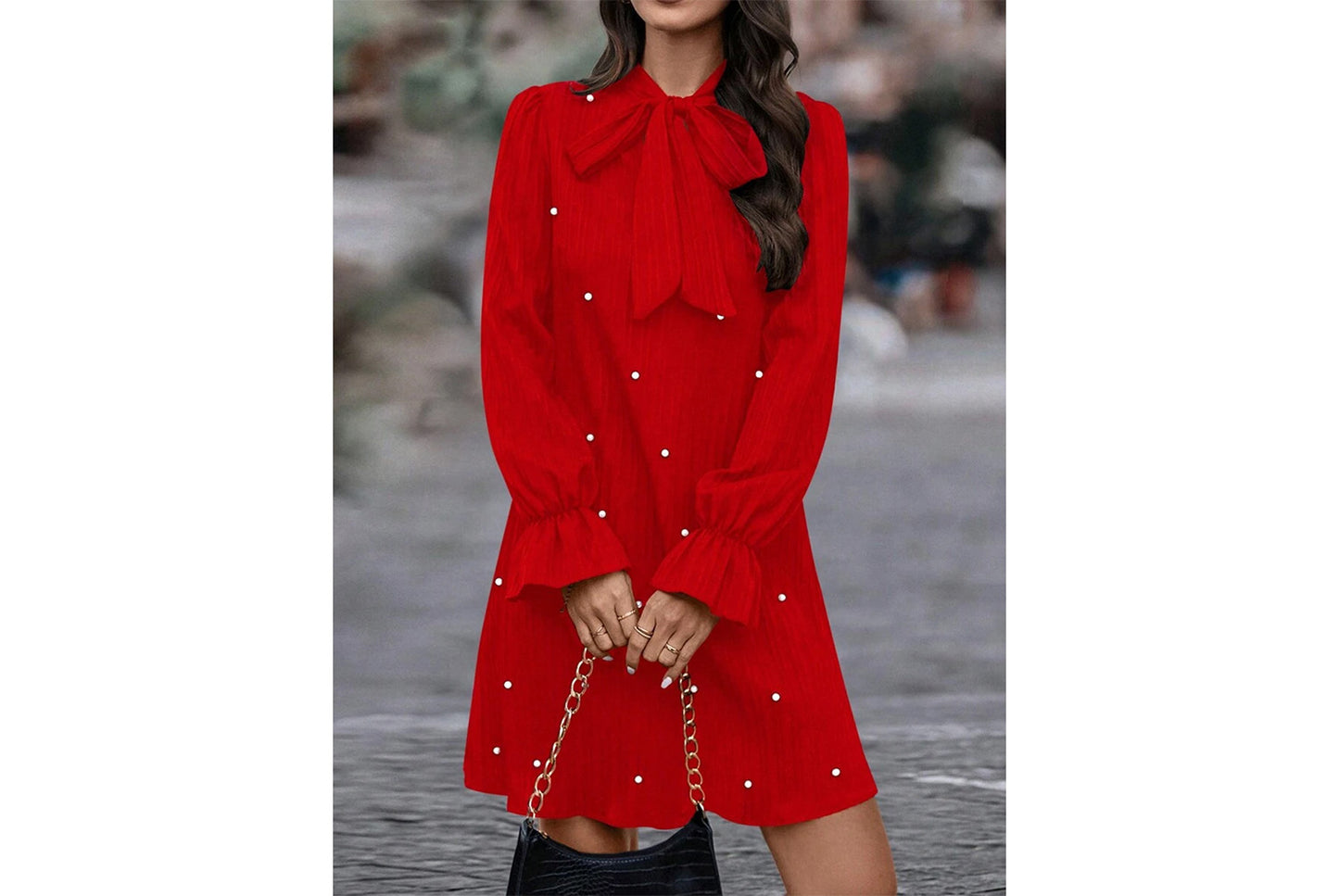 **Beaded Long-Sleeve Solid Color Loose-Fit Dress**