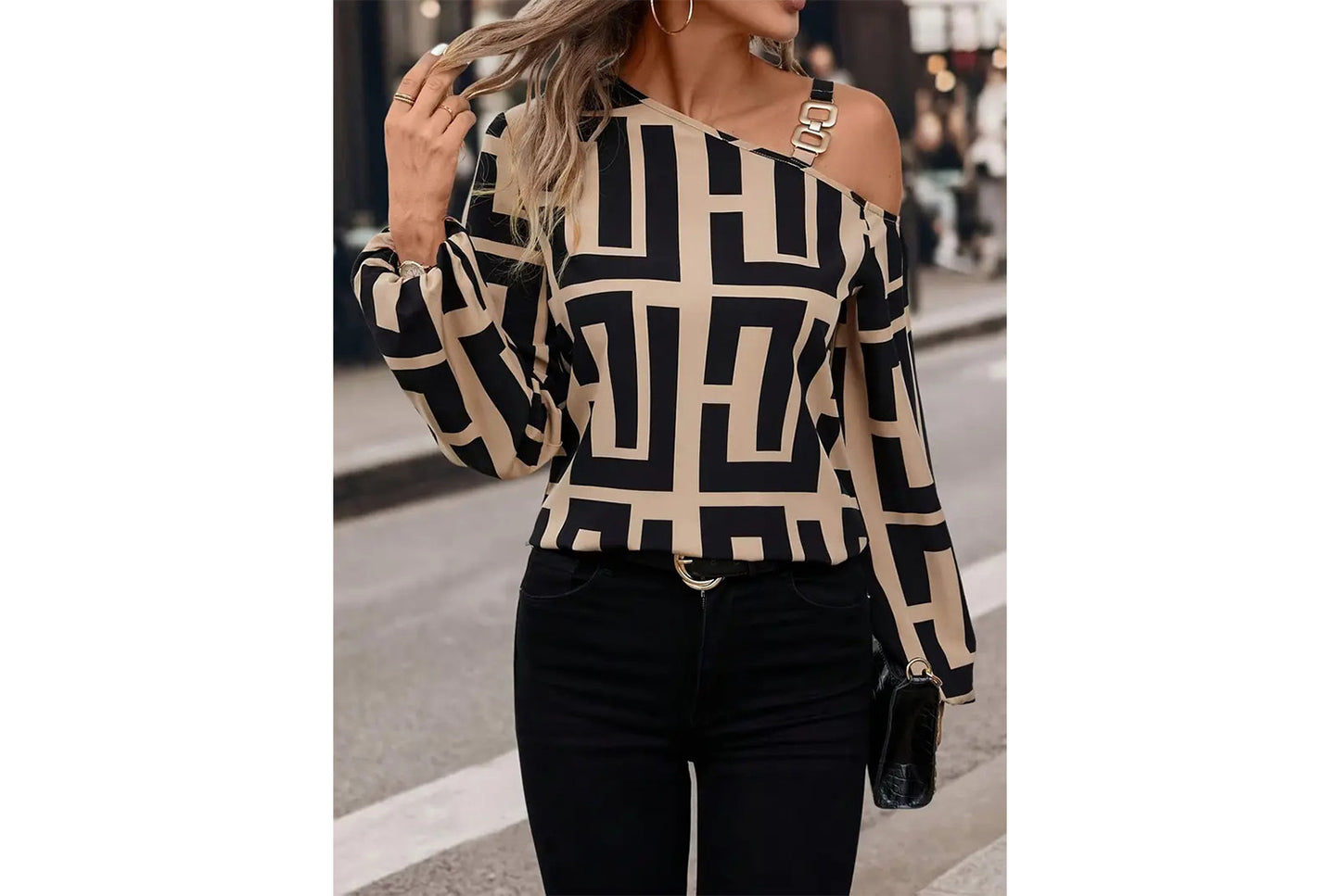 **Geometric Print Versatile Long-Sleeved, One-Neck Pullover Top**